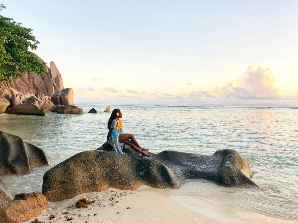 Sunset on Anse Source D'argent in La Digue Seychelles