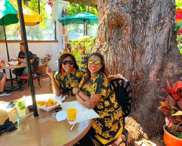 Two women in matching clothes having lunch in San Diego