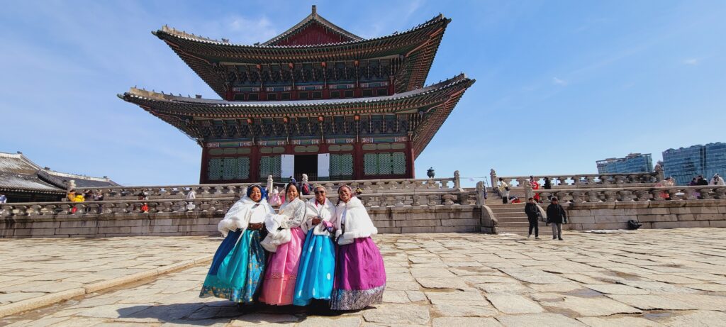 Four Black Women Dressed in Hanboks in Seoul South Korea