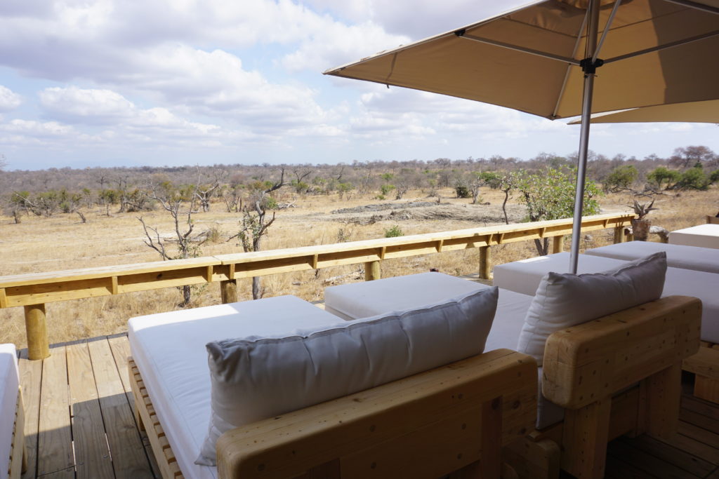 The open deck outside Boabab lodge safari to view the wild animals pass by in Greater Kruger National Park