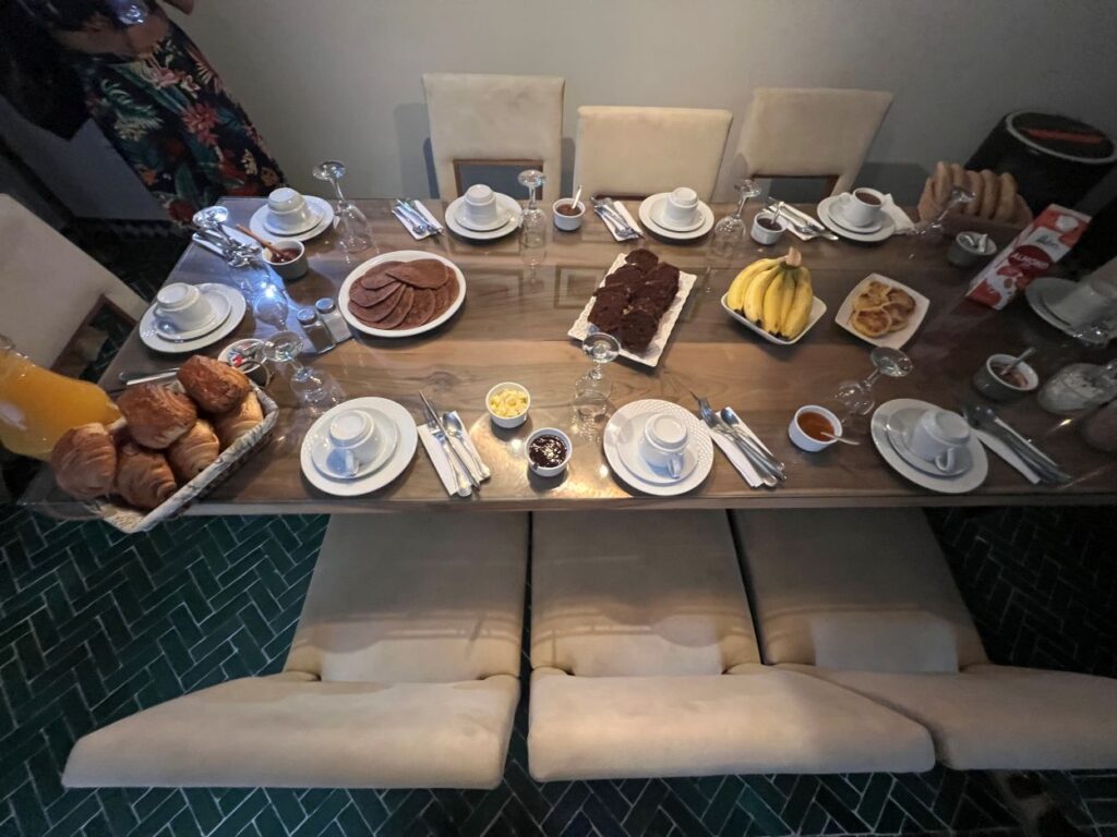 The breakfast spread at Dar Emeraude, a popular budget riad in Marrakech.