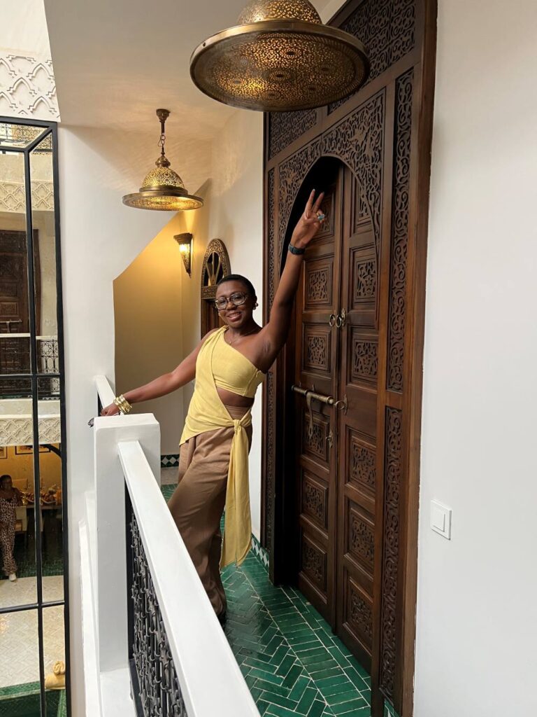 A traveler in a beautiful riad in Marrakech, Morocco, for a vacation stay.