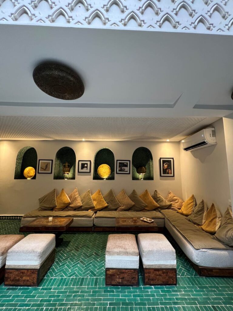 The stunning seating area of Dar Emeraude, a private Riad Stay in Marrakech.