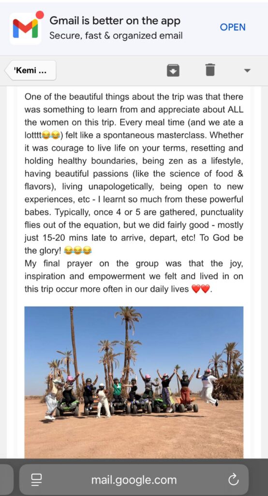 Dee's friend sharing her thoughts on the Marrakech trip with Dee and friends in her newsletter.