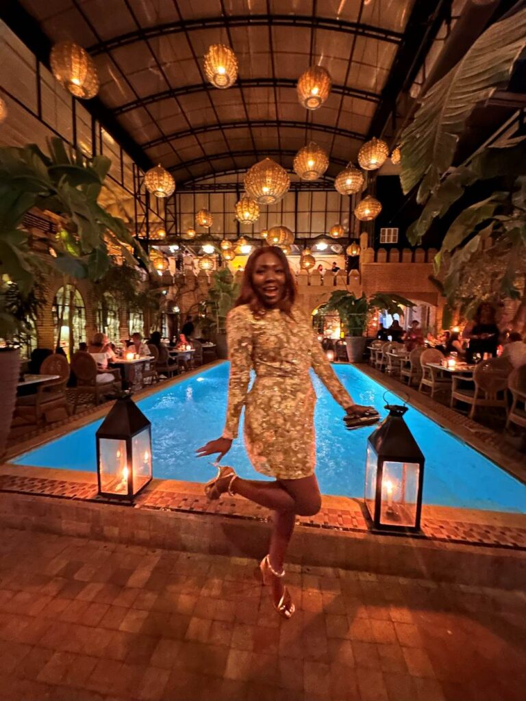 Dee from Well Worn Heels on her birthday finale dinner at La Trattoria in Marrakech