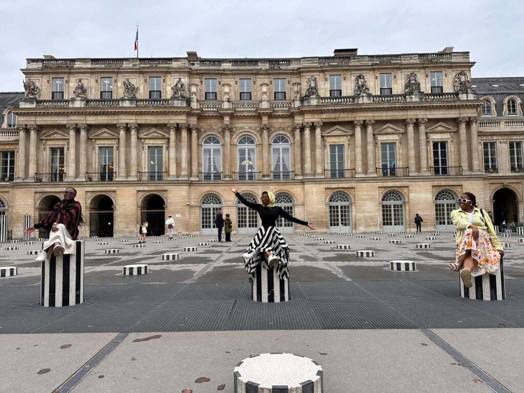 Dee and her friend at Cour d'Honneur (Courtyard of Honor) at the Palais-Royal in Paris