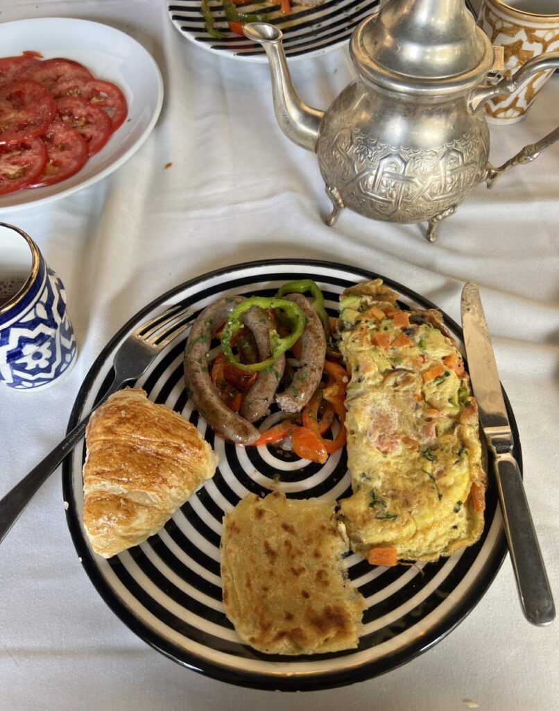 The breakfast spread at Riad Sakkan, a popular luxury riad in Marrakech, Morocco.
