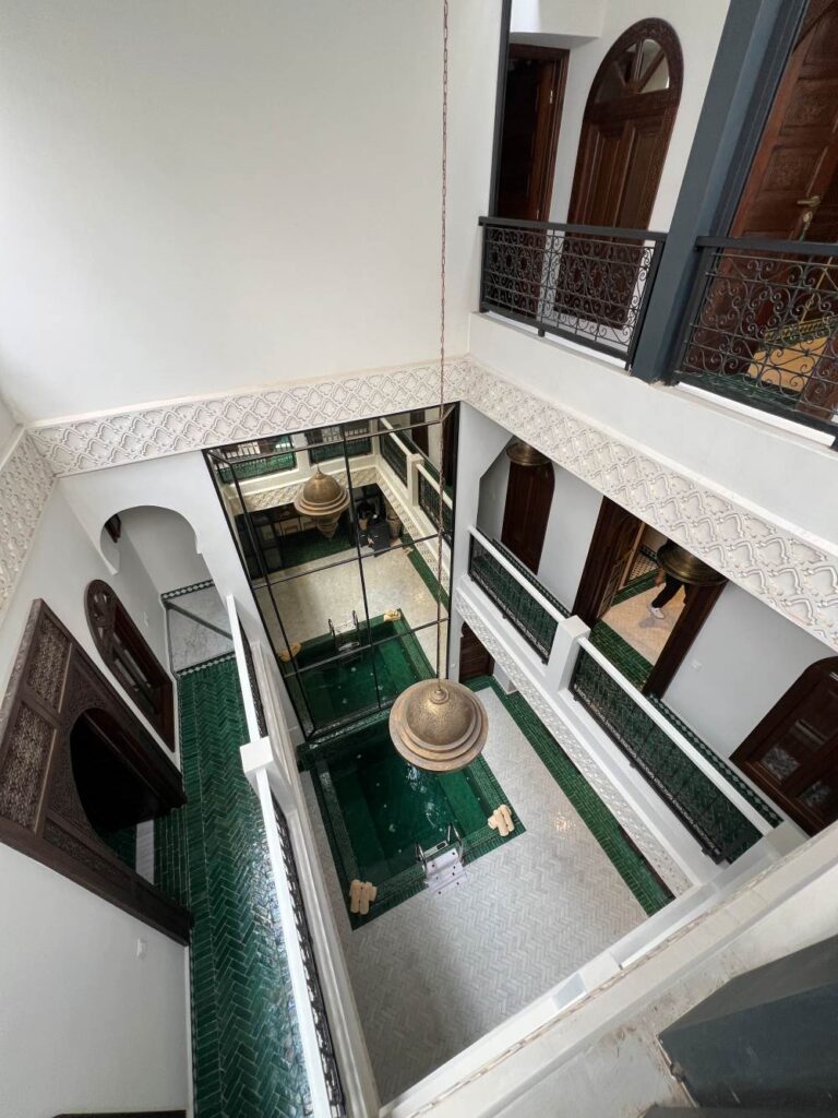 The top view of the peaceful, inner courtyard of a riad in Marrakech.