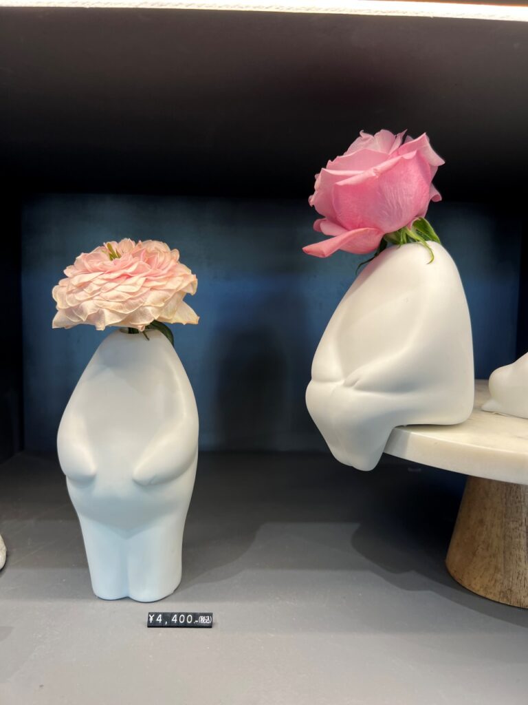 Unique flower vases on sale at the Aoyama Flower Market shop.