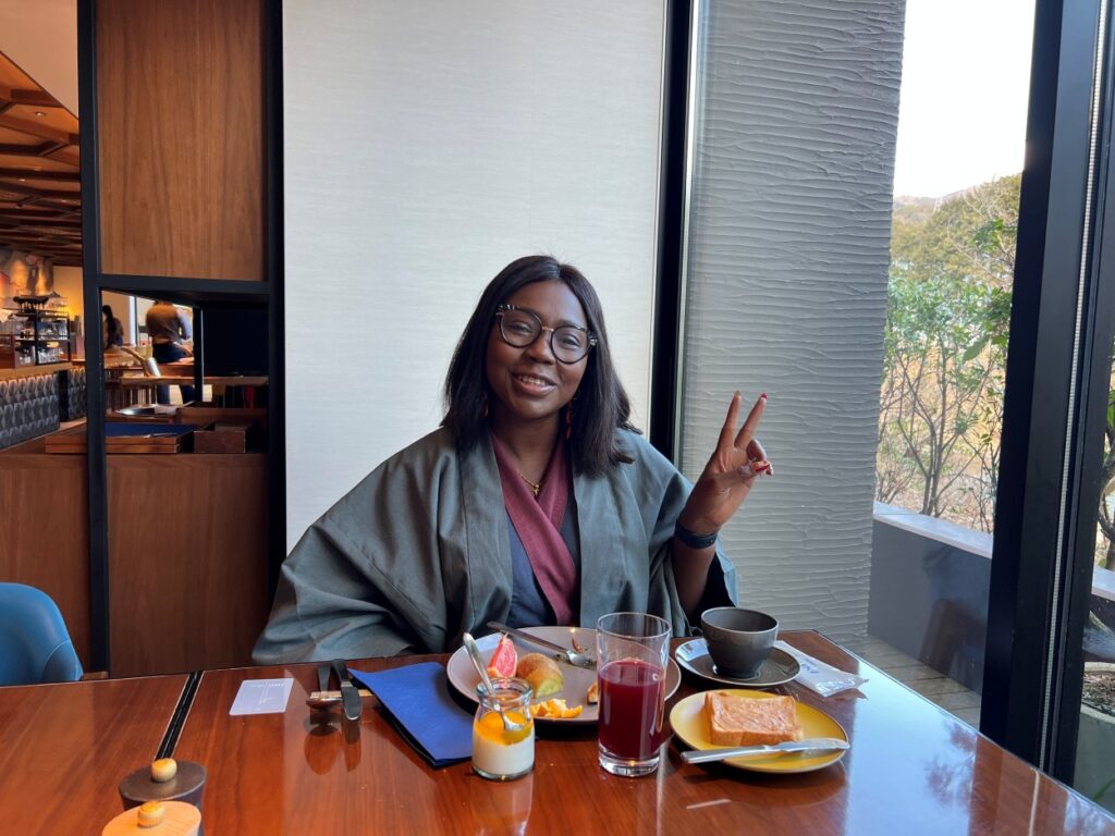 A guest enjoying a hearty breakfast at Hotel Indigo Hakone Gora on a visit to Hakone.