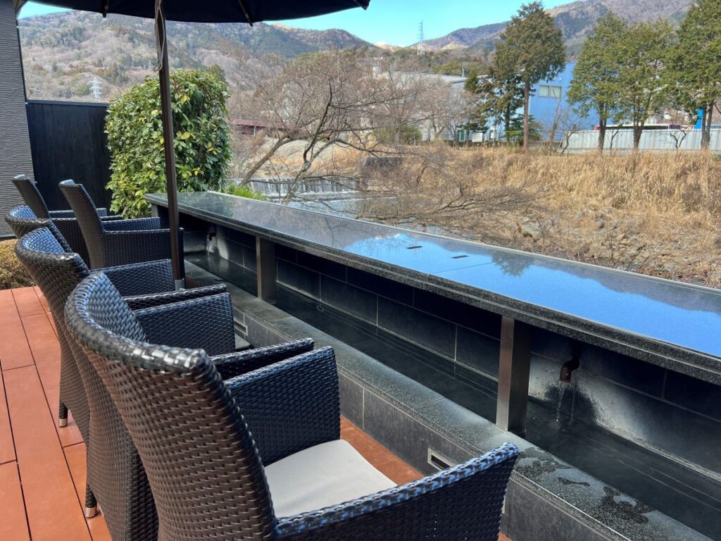 The Onsen facility with a view of the valley in Hotel Indigo Hakone Gora.