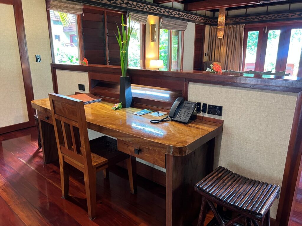 Aesthetically designed wooden desk at Likuliku Lagoon Resort